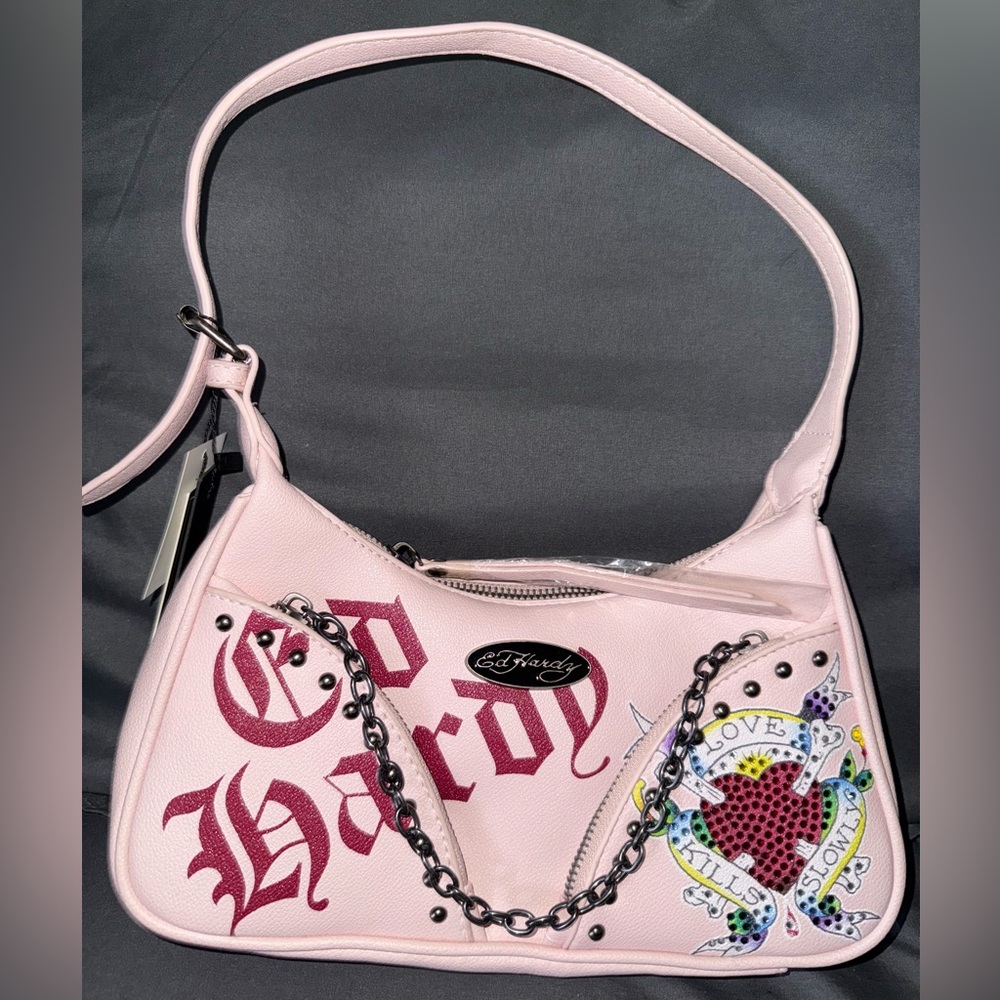 Ed Hardy Light Pink Graphic Shoulder Bag